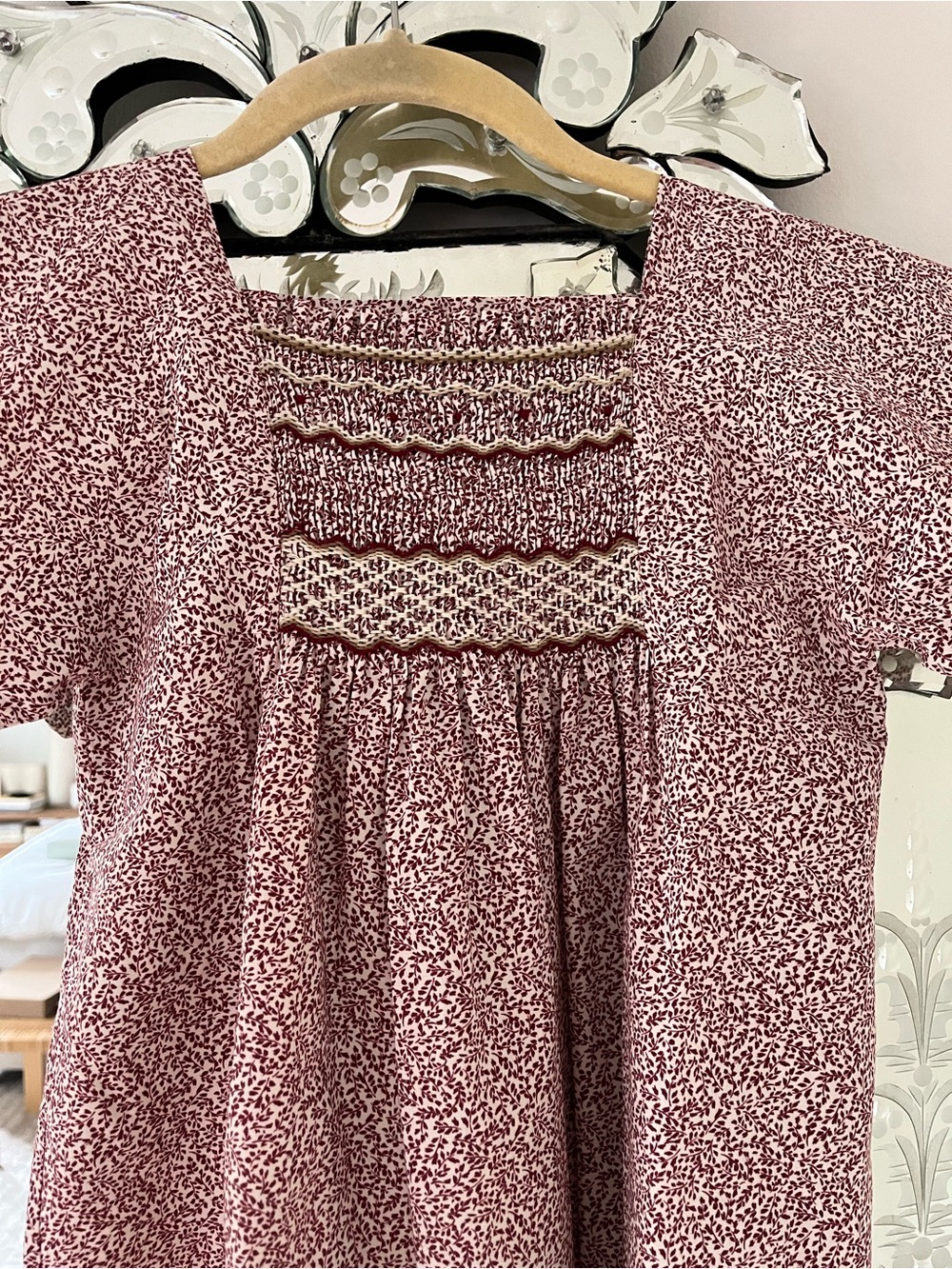 Bonpoint Red Floral Smocked Short-Sleeve Dress